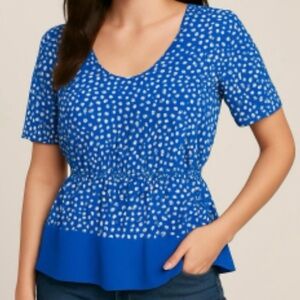 BCBG Blue Pleated Peasant Dot Top Blouse with Pockets size Small